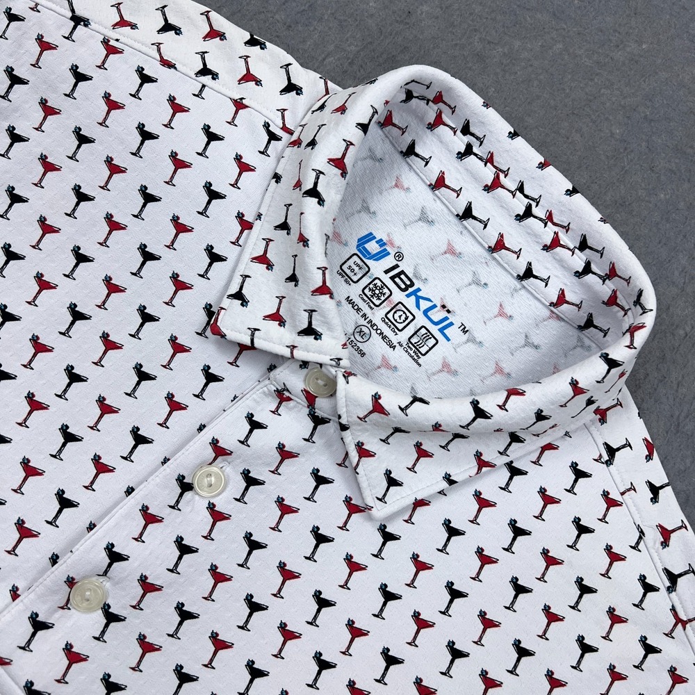 IBKUL Shirt Mens XL White Shaken Not Stirred Martini Glass AOP Cooling Golf Polo